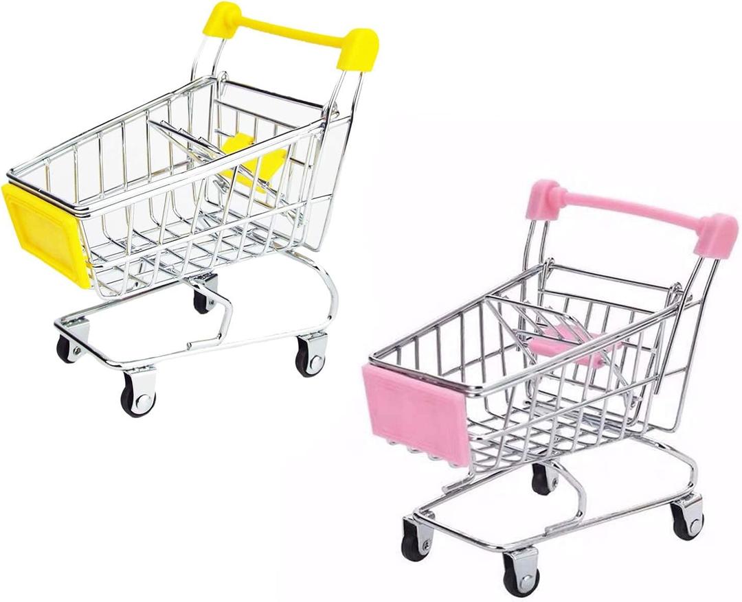 2 Pcs Mini Shopping Cart Small Supermarket Cart Metal Shopping Utility Supermarket Handcart Trolley, Yellow and Pink