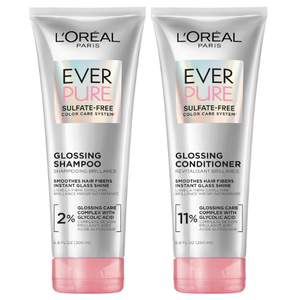 L'Oreal Paris Glossing Sulfate Free Shampoo and Conditioner Set with Glycolic Acid, Hair Care for Lasting Shine and Smoothness for Dull, Dry Hair, EverPure, 1 Kit