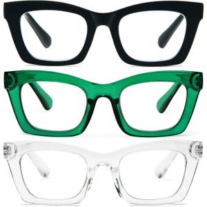 Hubeye Square Reading Glasses for Women Men Blue Light Blocking Computer Fashion Style Readers with Spring Hinge (Black+Transparent+Green), +3.0