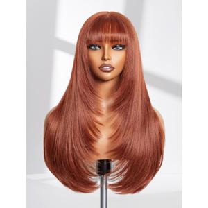 GORGIUS Copper Red Wig with Bangs 24 Inch Long Straight Layered Wig Glueless Curtain Bang Wigs with Realistic Lace Scalp Put On & Go Bangs Wig For Beginner