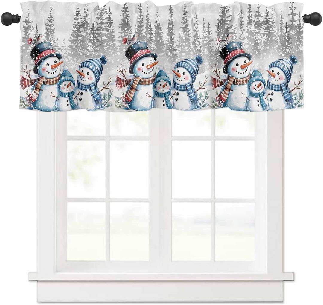 Winter Snowman Valances for Windows 42" W x 12" L Striped Hat Christmas Pine Tree Grey Snow Scene Rod Pocket Curtains Valance Short Window Treatment Drapes for Living Room, Bedroom Bathroom Decor