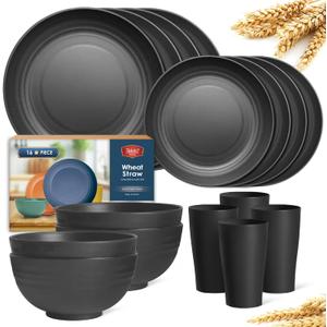 Teivio 16-Piece Kitchen Plastic Wheat Straw Dinnerware Set, Service for 4, Dinner Plates, Dessert Plate, Cereal Bowls, Cups, Unbreakable Plastic Outdoor Camping Dishes, Black