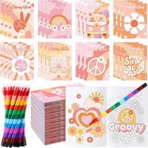 Funrous 24 Pcs Hippie Boho Coloring Books with 24 Stacking Crayons Set Stay Groovy Mini Drawing Book Peace Sign Hippie Bus Daisy Rainbow Activity Gifts for Groovy Birthday Party Favors Supplies