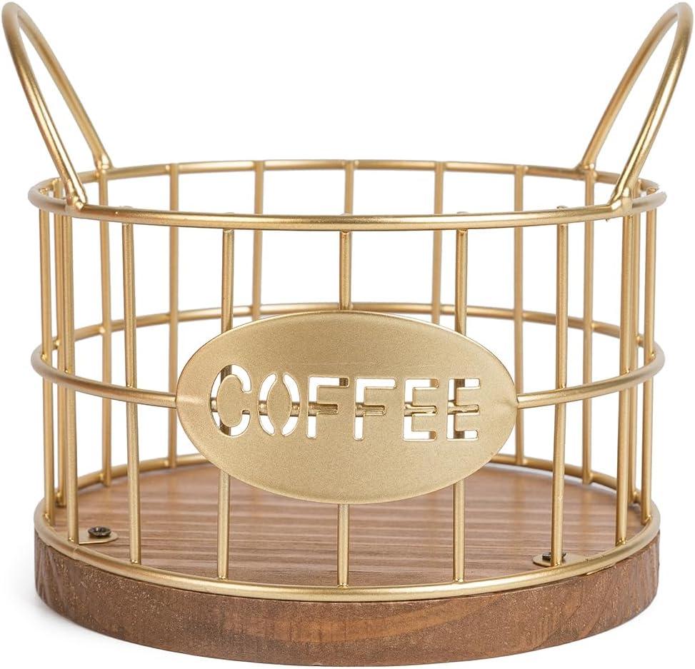 Coffee Pods Holder for Countertop, K Cup Holder Organizer, Sturdy Kcup Storage Basket with Wooden Base , Pod Container For Kitchen Bar Counter Office Desktop (Gold)