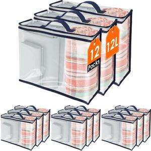 12 Pack Clear Storage Bags with Zipper,12L Plastic Blanket Storage Bags Waterproof Moving Bags Foldable Closet Organizer Handle for Clothing Bedding Linen Sweater Bed Sheet Clothes,15.7x11.8x3.9 Inch