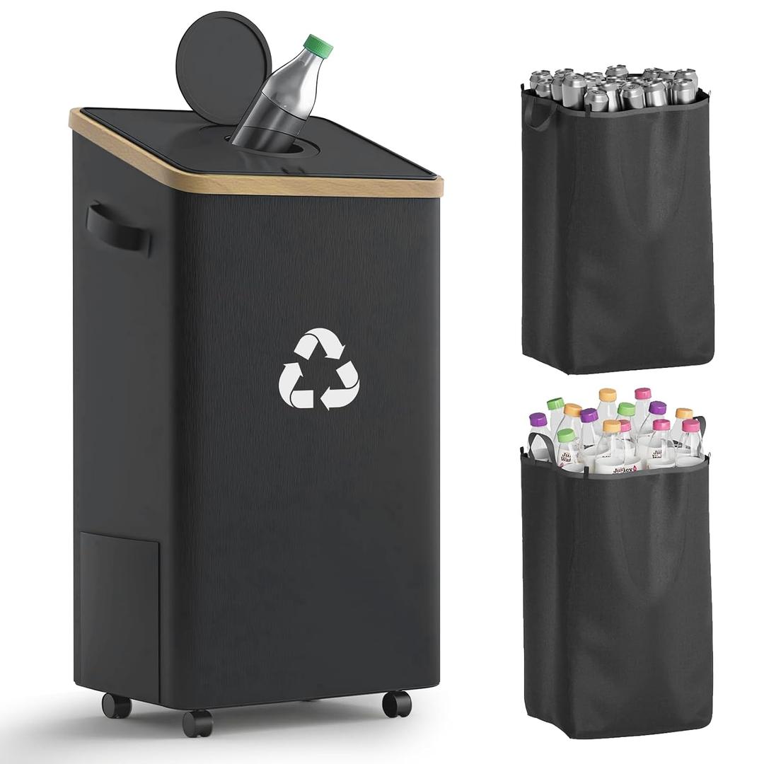 26 Gallon Recycling Bin for Kitchen, 100L Recycle Bin with Lid, Recycle Bins for Kitchen with 4 Wheels(Lockable),2 Reusable Inner Bags, for Bottle Can Glass Plastic Stickers, Black