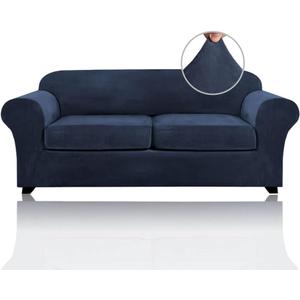 PrinceDeco Couch Cover Velvet Plush Sofa Covers for 2 Cushion Couch Width Up to 90 Inch Washable Furniture Protector Pet Friendly No Slip Sofa Slipcover(Medium-Large, Navy)