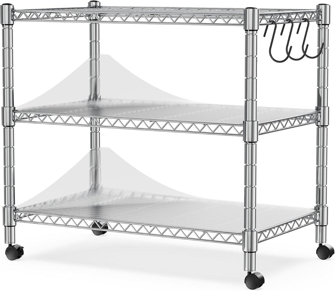 Heavy Duty 3-Shelf Shelving Unit, 24.02" W x 13.78" D x 21.97" H Chrome Steel Storage Rack with Wheels, 2 PP Shelf Liners and Hooks, Adjustable Under Desk Organizer for Kitchen, Office, Garage, 3-Tier, Set