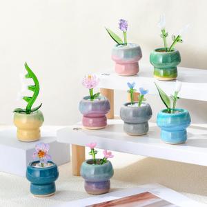 Mimorou 25 Pcs Mini Crystal Flower Figurines Set Include Handcraft Blown Glass Flowers Bouquet Ceramic Pots White Pebbles Glass Flower Figurines for Home Office Tabletop Simulation Plants Decor