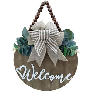 3D Welcome Sign for Front Door |Home/Farmhouse Porch Dcor Wooden Hanging Sign with Artificial Leaves and Rustic Beads | Christmas Classroom |12" Round (Oak_Brown)