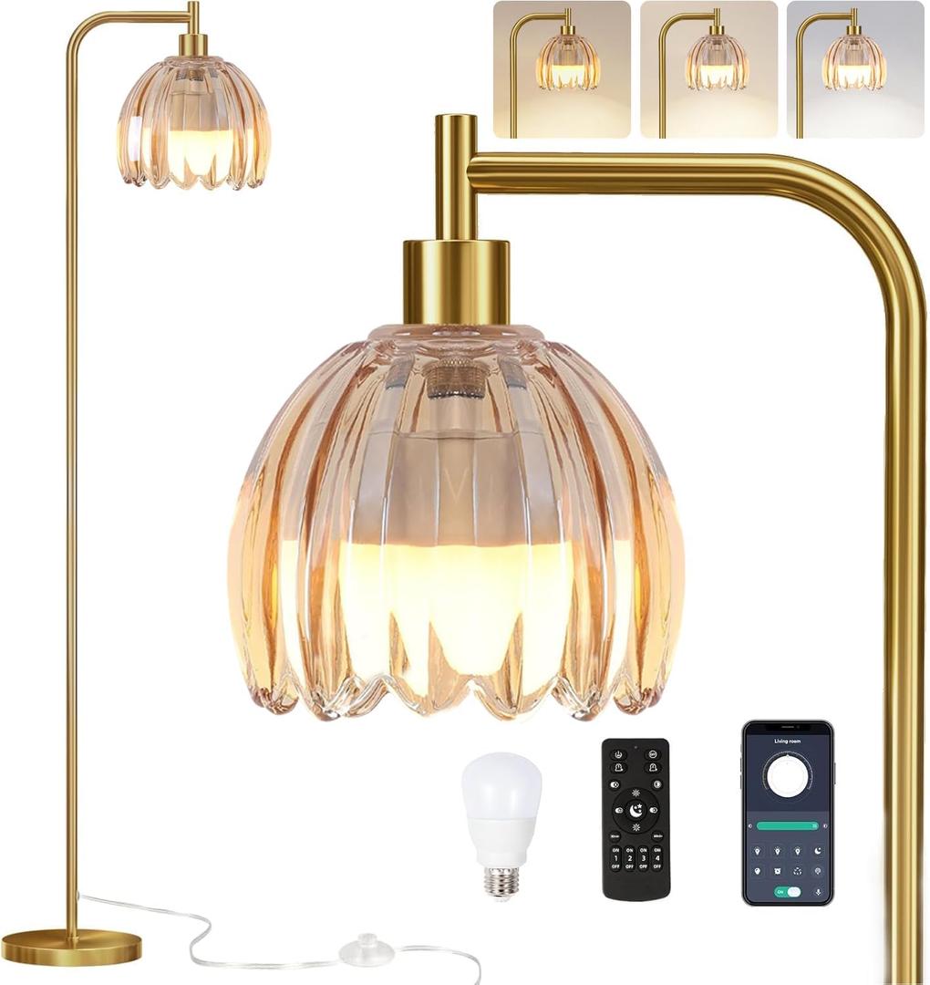 Glass Floor Lamp for Living Room,Bedroom,Mid Century Modern Standing Lamp with Remote,Gold Dimmable Brass Tall Lamp Gtained Mini Floor Light Vintage Retro Arc Boho Bohemian