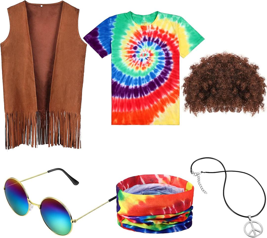 Sintuff 6 Pcs Men's Hippie Costume Set Hippie Fringe Vest Accessories for 60 70s Carnival Party Halloween Outfits (XX-Large)