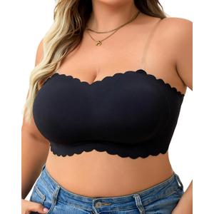 Strapless Wireless Bra for Women Scalloped Full Coverage Bandeau Comfortable Everyday Non-Wired Bra for Large Busts (Black, XXL)