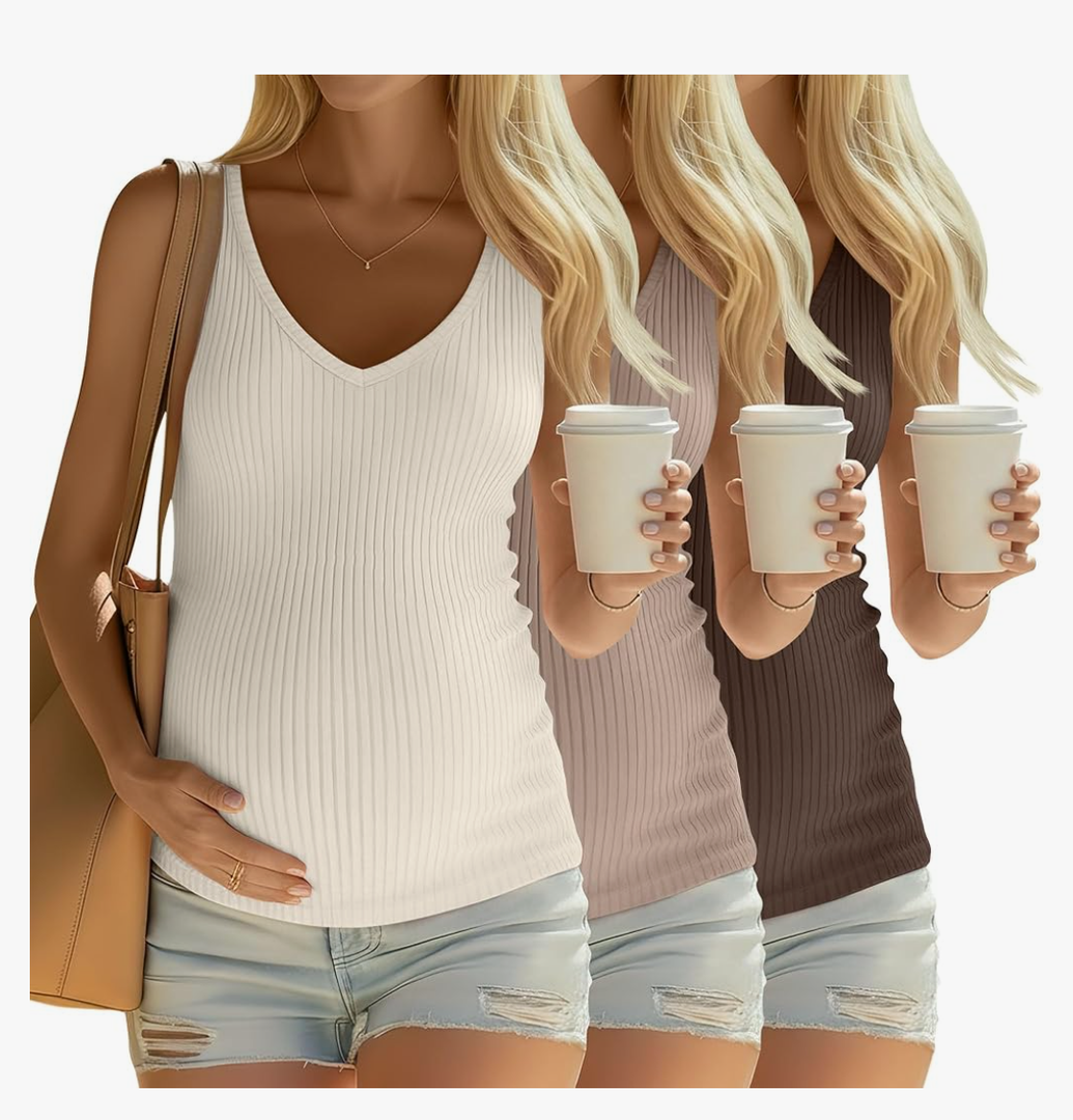 3 Pack Women's Maternity Tank Tops 92% Cotton Ribbed Knit Summer Pregnancy Shirts Sleeveless V Neck Basic Clothes L