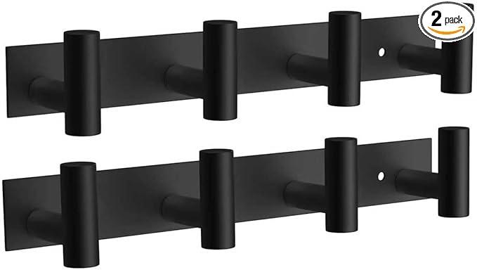 VAEHOLD 2PACK Hat and Coat Wall Mount Rack - 4 Hooks for Robes, Bags, Keys, and Towels - Bathroom Towel Hanger Organizer -Black