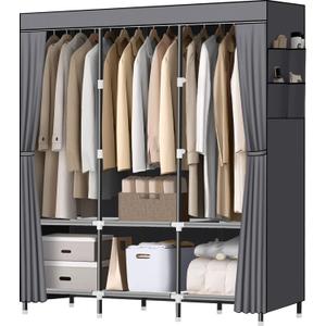 LOKEME Wardrobe Closet, Portable Closet for Bedroom Steel Pipe Diameter 19mm Strong and Sturdy Grey Portable Closets for Hanging Clothes with 3 Hanging rods, 6 Storage Shelves and Side Pockets