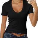 Roselux Women Short Sleeve Deep V Neck Tops Shirts Fitted Cotton Summer Tshirt Tee, Size S