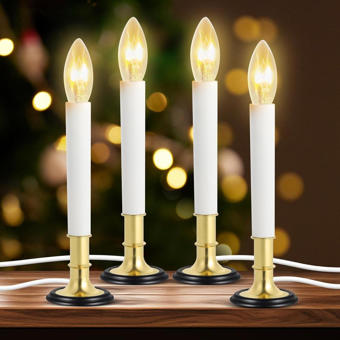 Verdenu 4 Pack Electric Window Candles, Window Candles with Sensor Dusk to Dawn Electric Corded, Plug in Electric Candle Windows Lights for Home/Christmas Decoration