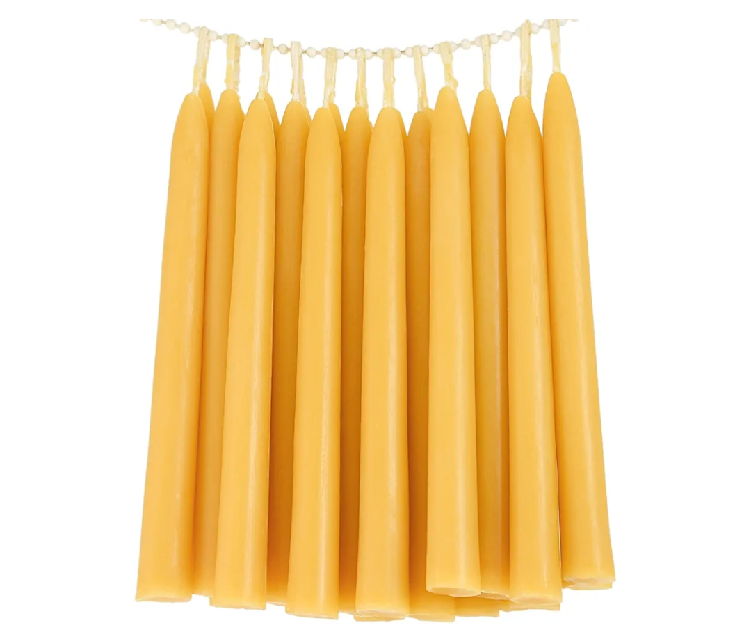 24 Pack Beeswax Taper Candles in Bulk 8 inch Tall - All Natural, 100% Pure Unscented Bee Wax Candle, Dripless, 5 Hours Burnning Time -Yellow