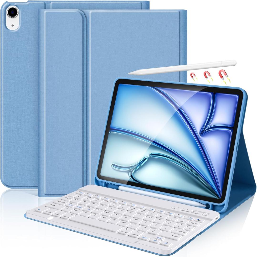 KBCASE for iPad Air 11 inch (M3/M2) 2025/2024 Case with Keyboard, Keyboard Case for iPad Air 5th/4th Gen/for iPad Pro 11 2018, Detachable Wireless Keyboard Tablet Case with Pencil Holder(Sky Blue)