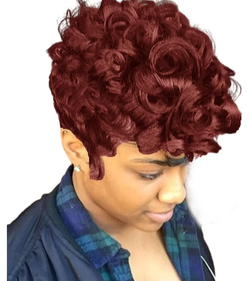 Wine Red Pixie Wig for Black Women Short Curly Burgundy Pixie Cuts Wig With Bangs Layered Wigs for Women Synthetic Short Hair Pixie Cut Wigs for Black Women (Wine Red)