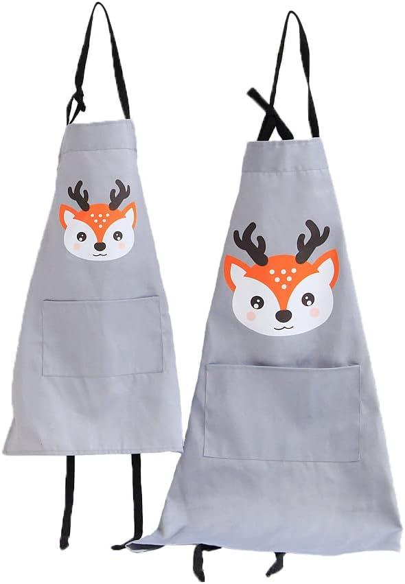 Mother & Daughter Gifts Aprons Kitchen Baking Painting Cotton Animal Prints Deer Head Grey Apron with Pockets for Mommy and Me Parent & Kid Children Girls Boys Baking Cooking Painting