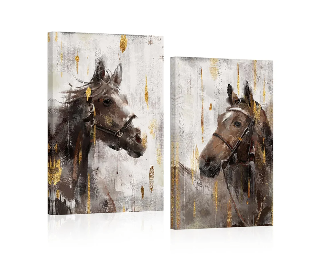 Apicoture Wall Art - Horse Portrait Painting, Rustic Art Print, Framed Canvas Prints, 16''x24'', Living Room Decor, 2 Pieces