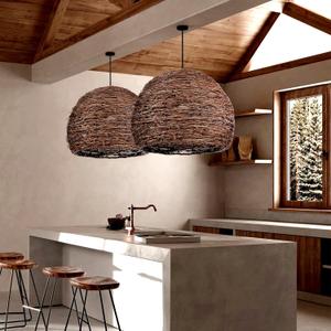 Arturesthome 1 Light Rustic Woven Rattan Pendant Light, Coastal Lighting Fixture, Vintage Farmhouse Lampshade Chandelier Hanging Ceiling Lamp Shade for Kitchen Island Dining Room W 15.7* H 11