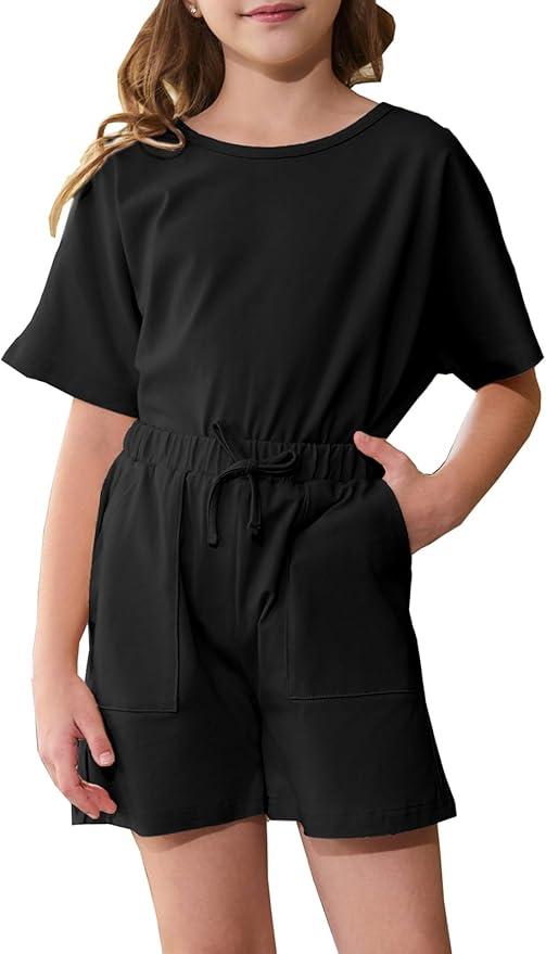  Willow Dance Girls 2 Piece Outfits Cotton Summer Short Sleeve T Shirt Tops and Drawstring Shorts Clothing Sets 5-6Y