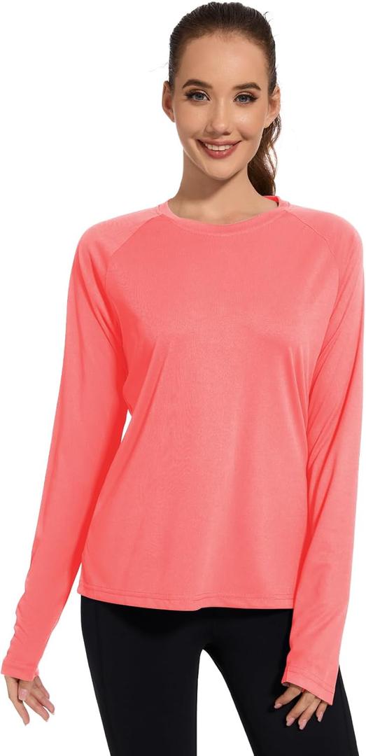 QBK Women's Neon T Shirt Long Sleeve T-Shirt Sun Protection UPF 50+ for Hiking Fishing Workout Rash Guard and Athletic Sports (Pink, S)
