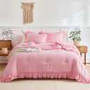 Pink Ruffle Comforter Set Full/Queen Size, 3 Pieces (1 Ruffled Comforter and 2 Pillowcases) Farmhouse Shabby Chic Style with 2 Layers Ruffle, Solid Color Lightweight Fluffy Bedding Sets for All Season