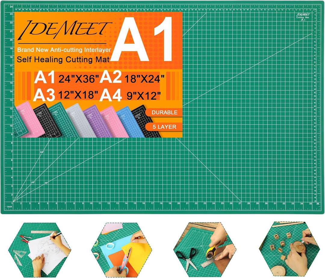Density-upgraded 24" x 36" Large Self Healing Sewing Mat, Idemeet Rotary Cutting Mat 5 Play Cut Board for Crafts Hobby Project, Scale Size 24" x 36", A1, Green (36"L x 24"W)