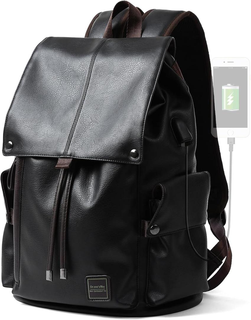 Laptop Travel Backpack For Men Vintage PU Leather Water-Resistant College School Casual 15.6" Laptop Work Backpack Gift For Male Female Black