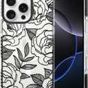 SAKUULO Floral Case for iPhone 16 Pro Max, Clear Black Rose Pattern Cute Slim Soft Silicone Shockproof Magsafe Compatible Case
