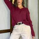 ZAFUL Women's V Neck Cable Knit Sweater 2025 Fall Pullover Long Sleeve Ribbed Loose Top Casual Outfits (Wine Red)