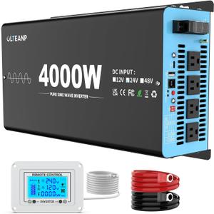 24V 4000W Pure Sine Wave Inverter 24V DC to 110V AC, 8000W Peak Power, 4 AC Outlets, USB & Type-C Port, Adjustable Input for Lithium Battery, Solar/RV/Off-Grid Backup with LCD Remote