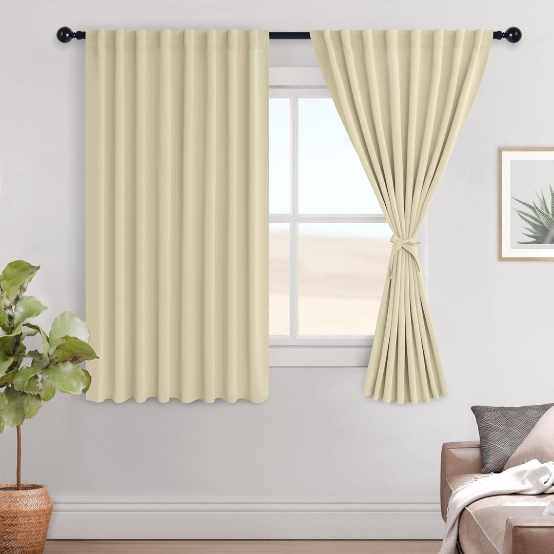 Hiasan Room Darkening Curtains 63 inches Long Sewn with Tiebacks, Rod Pocket & Back Tab Thermal Insulated Drapes Room Darkening Curtains 2 Panels for Living Room Bedroom, 70 inch Wide, Light Beige