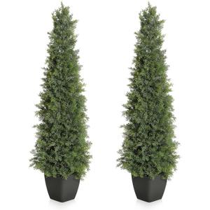 GarveeHome Artificial Cedar Topiary Tree for Outdoor,48 in Tall Faux Cedar Trees,Potted Fake Cypress Plant, Artificial Plants Indoor Outdoor for Front Porch Decor, Set of 2 (4ft, Green)