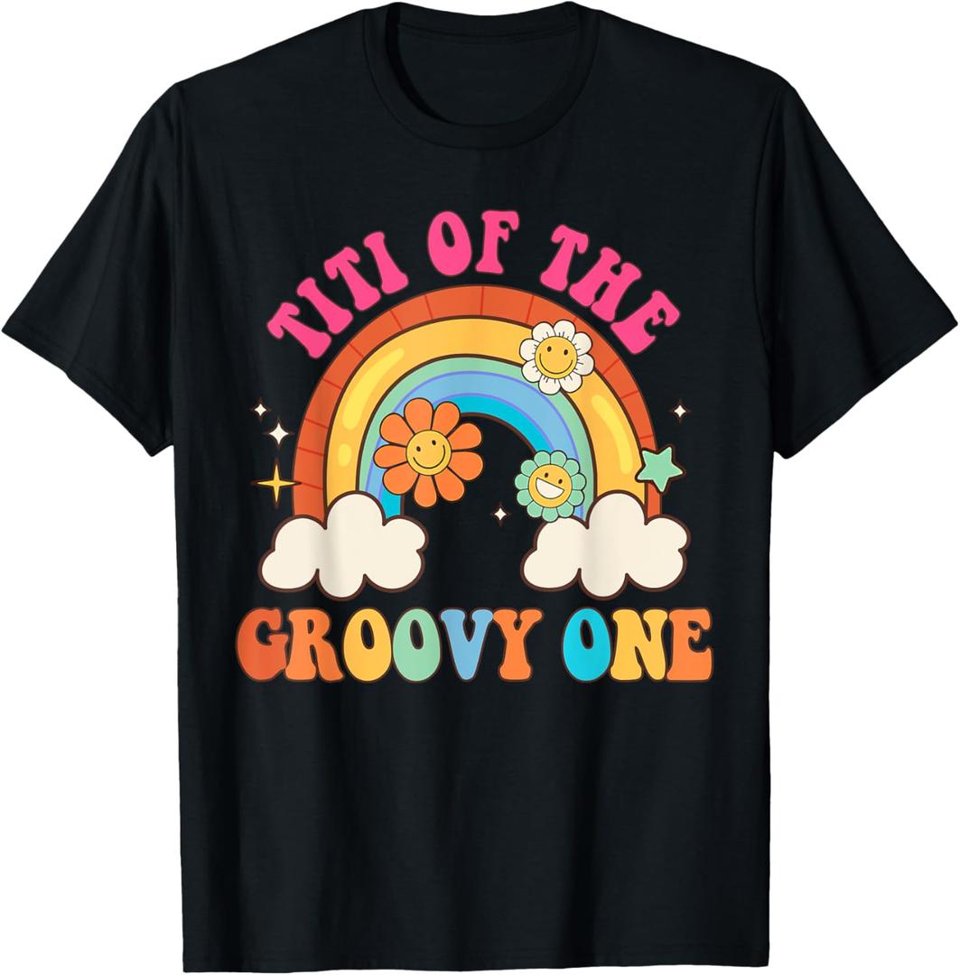 Titi Of The Groovy One Retro Rainbow 1st Birthday T-Shirt (Small, Black)