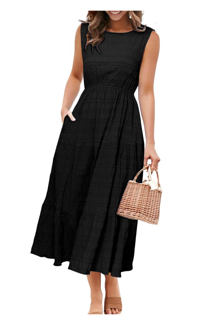 Simplee Women's Summer Casual Sleeveless Crewneck Sundress - A Line Flowy Tiered Midi Dress Long Beach Dresses with Pockets,  Medium, Black 