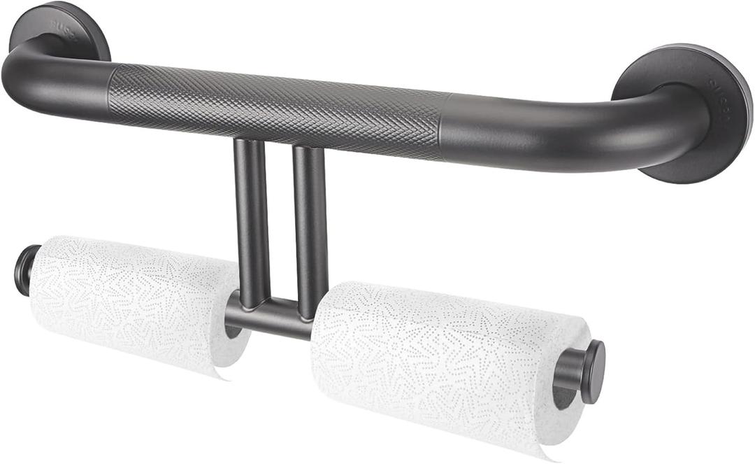 Toilet Paper Holder Black Toilet Paper Holder with Assist Bar Stainless Steel Toilet Paper Roll Holder,17 Inch Grab Bar w/Double Toilet Paper Roll Holder,Shower Support Balanced Support Handle