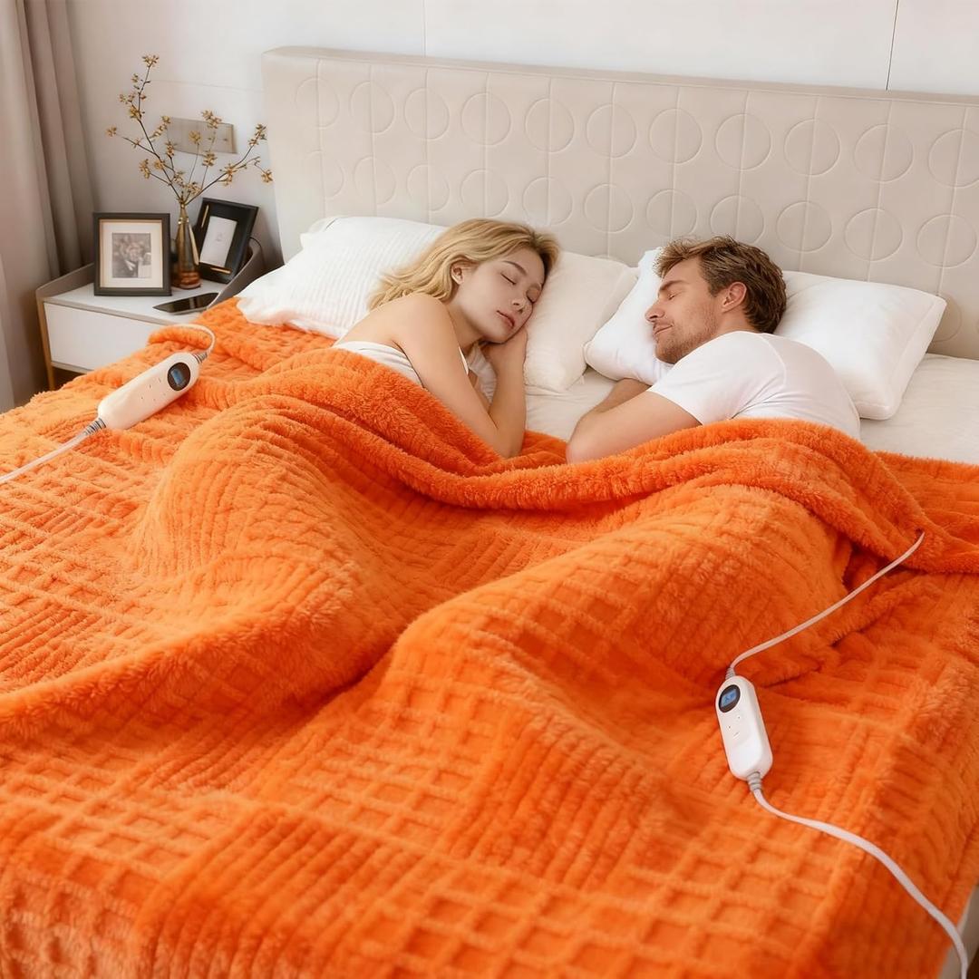 Eastsora Heated Blanket Electric King, 90"X100" Waffle Heating Blanket with 12 Heat Levels, Fast Heating Blanket with 1-12 Timer Settings, Overheat Protection with ETL & FCC for Home Office -Orange