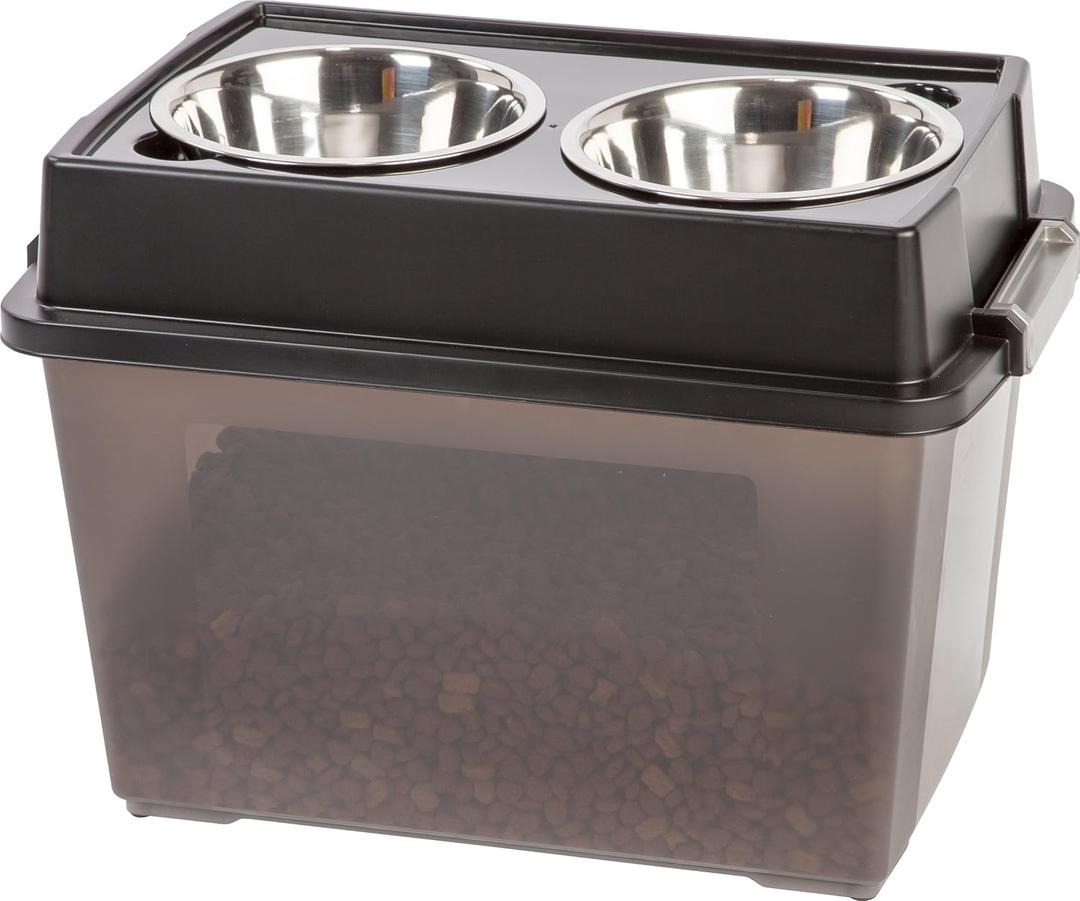 IRIS USA 2-in-1 Elevated Dog Bowls 6" H with Airtight Pet Food Storage Container Holds Up to 47 Lbs, Removable 4 Thick 16 oz Stainless Steel Bowls, at Home or Camping Pet Dish Bowl Set, Smoke/Black (Large - 15"H)