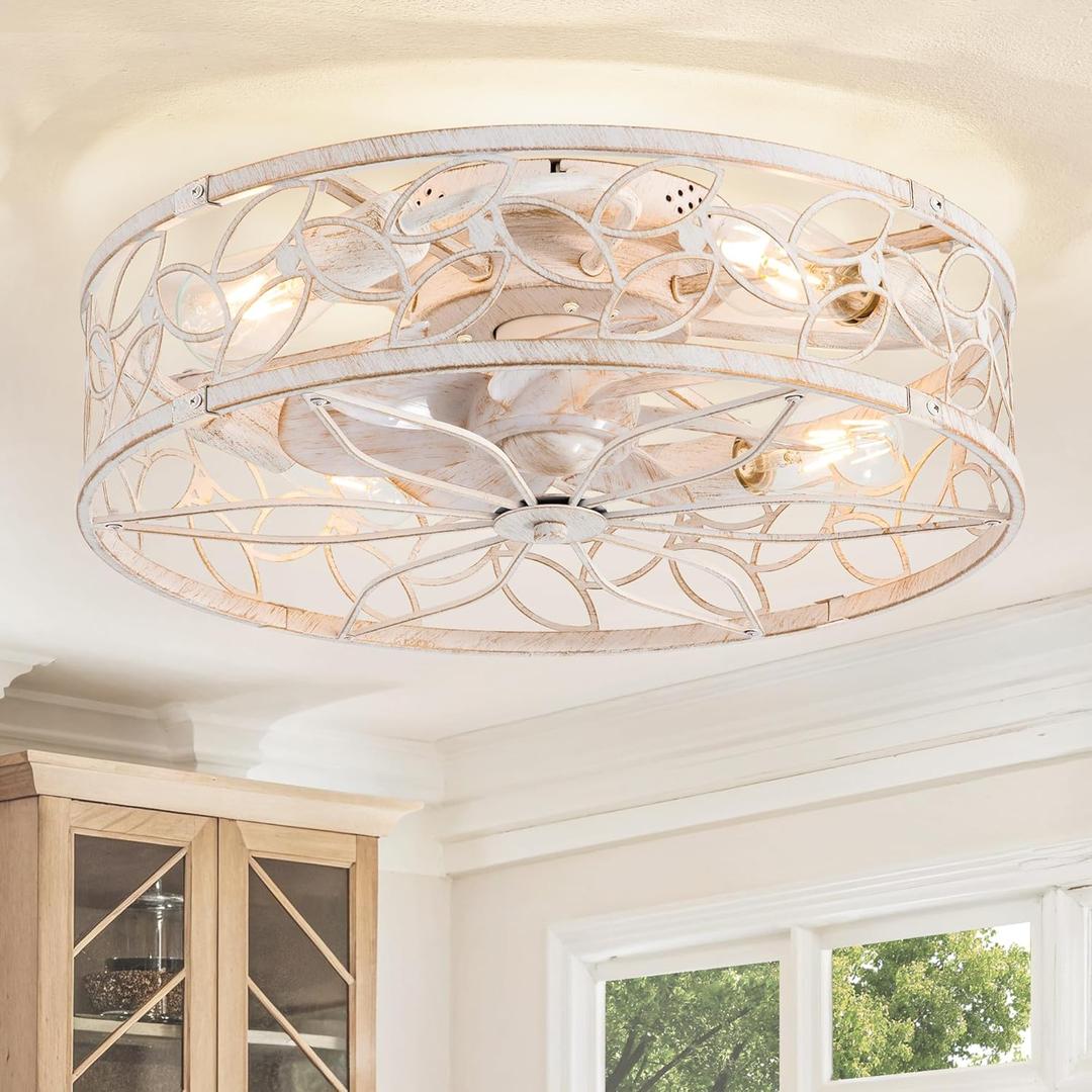 LEDIARY 20 Inch Caged Ceiling Fans with Lights, White Flush Mount Ceiling Fan with Remote&App, Low Profile Bladeless Ceiling Fan Light Fixture for Bedroom, Kitchen, Dining Room-White Gold Color