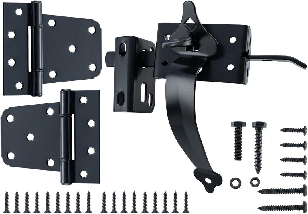 WellMade Heavy Duty Self-Locking Gate Latch Kit for Wooden/Vinyl Fence - 3.5" Spring Gate Hinge, 9" Handle & Thumb Latch, Automatic Locking, Outdoor Gate Hardware