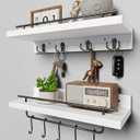 2 Floating Shelves with Hooks, Wall Mounted Coat Rack, Bathroom Shelf with Removable Towel Bar, Hanging Shelves with 9 Hooks, White