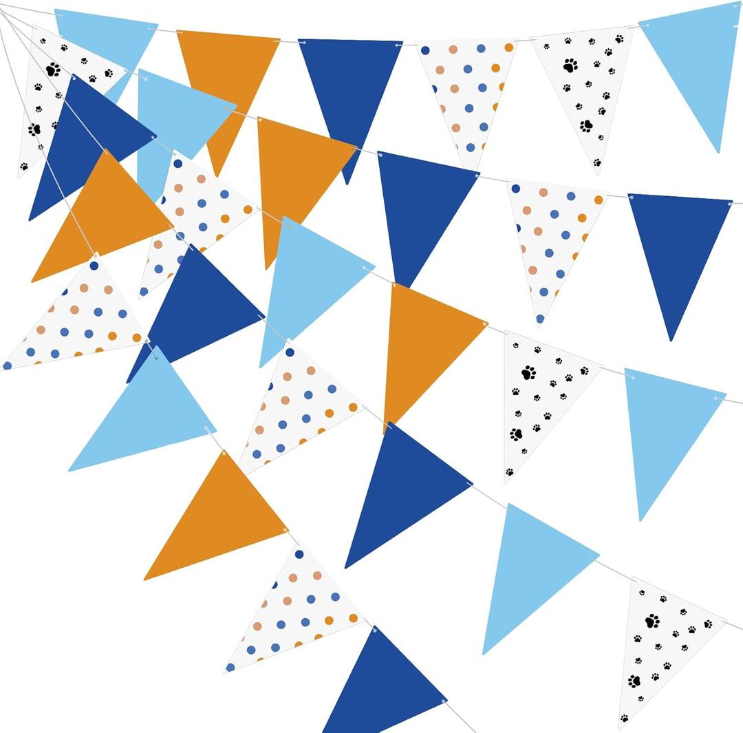 45ft Back to School Decor Orange Blue Pennant Banner Dog Paw Triangle Flag Garland Birthday Party Decorations Dog Theme Paper Banner for Birthday Party Classroom Decor