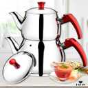 Hakan Teapot Set 107 Oz with Self Strainer Double Lids, Stainless Steel Maxi Double Bondy Tea Pot Set 3.2 L, 3.3-Quart, Turkish Samovar Style, Tea Kettle for Loose Leaf Tea with Red Bakelite Handle