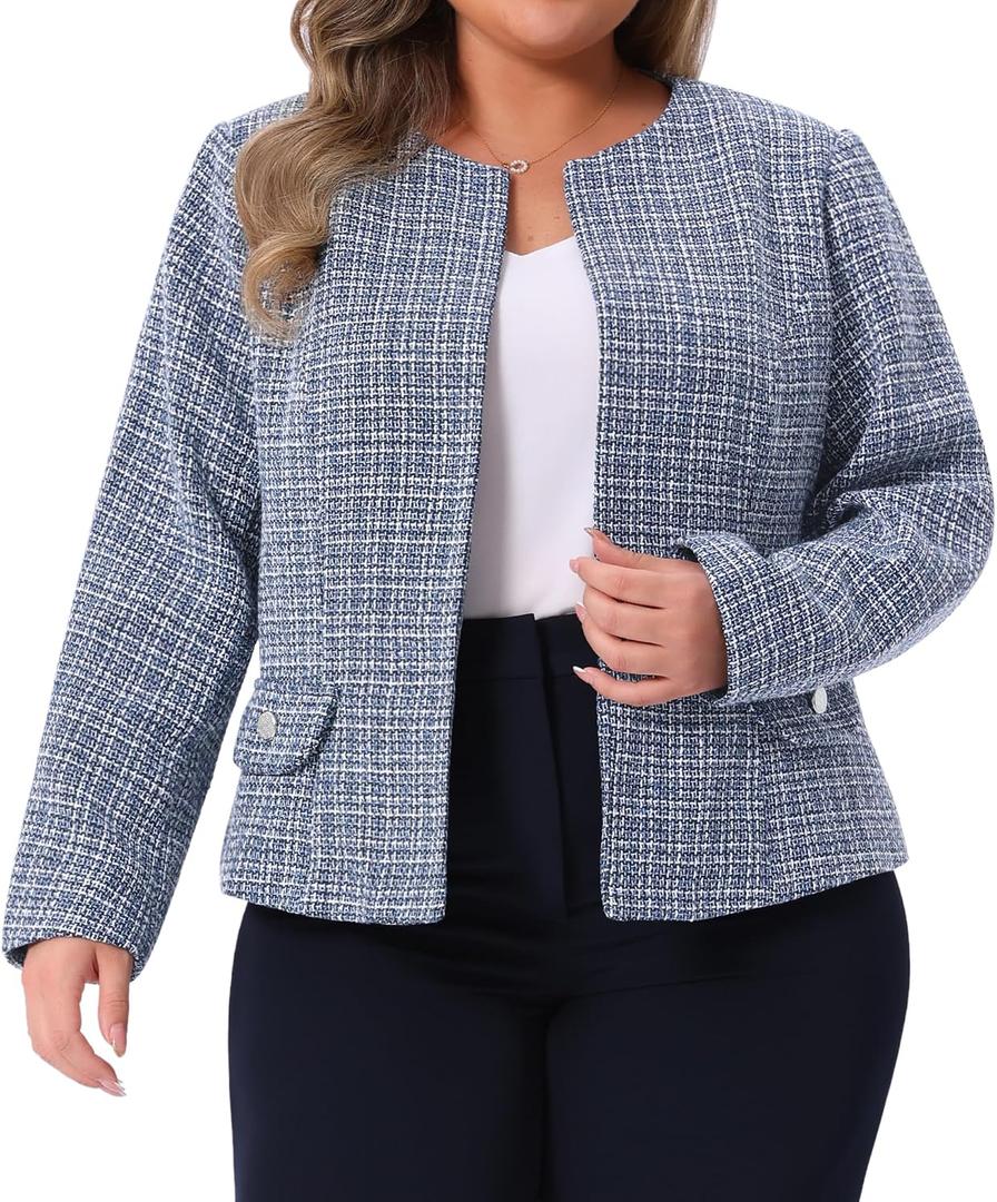 Agnes Orinda Plus Size Tweed Blazer for Women Collarless Long Sleeve Open Front Work Business Jacket Suits Casual 2X