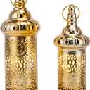 TRIROCKS Ramadan Lanterns Set of 2 10" &12.5" Gold Electric Candle Holders with Timer, Metal Decorative Vintage Lanterns for Indoor/Outdoor Decor, Perfect EID Mubarak Gift